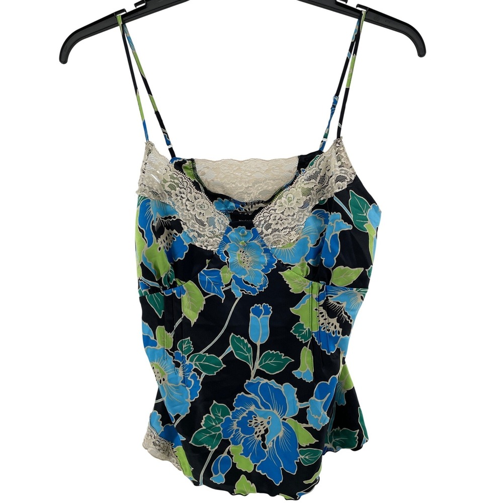 Cami Top Womens Large Petite Blue Green Floral Lace Trim Slip Top Y2K Tropical
